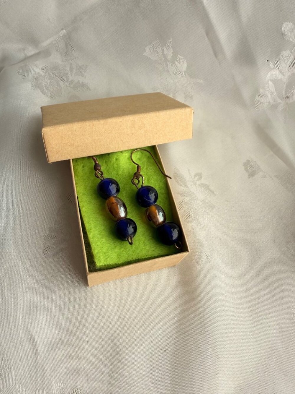 Blue & Gold/Amber Glass Bead Dangle Hook Back Earrings